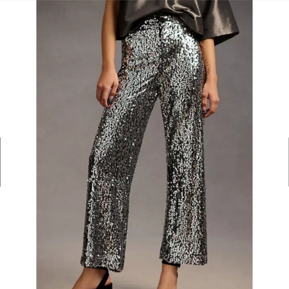 Anthropologie Silver Sequin Wide-Leg Pants - Picture 5 of 9